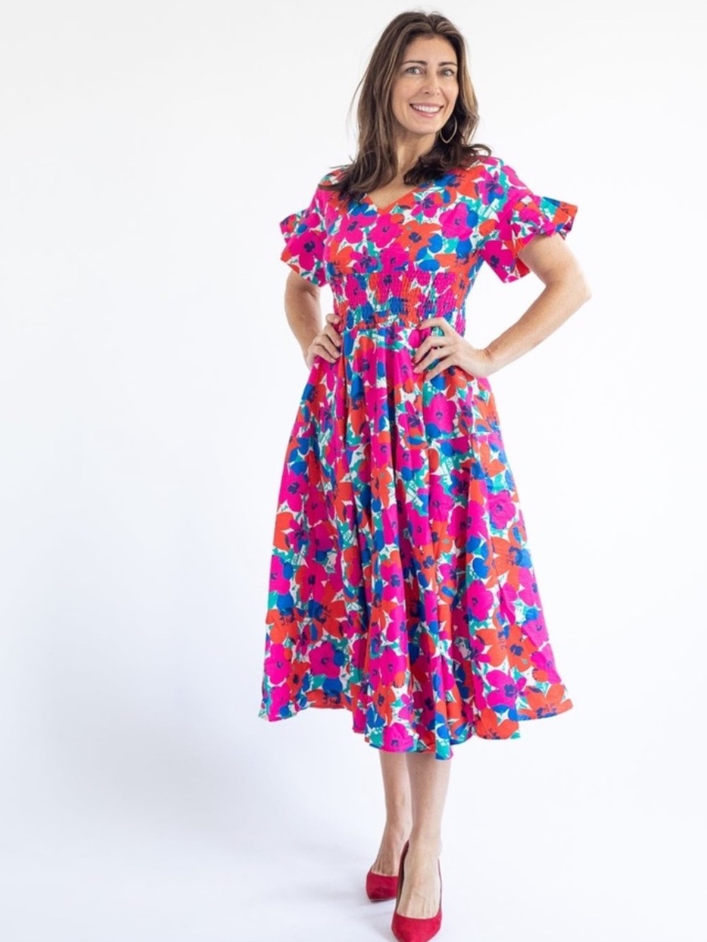 NWOT Lili Sidonio Molly Bracken Retro Smocked Fushia Floral Print Dress Size S - Picture 2 of 13